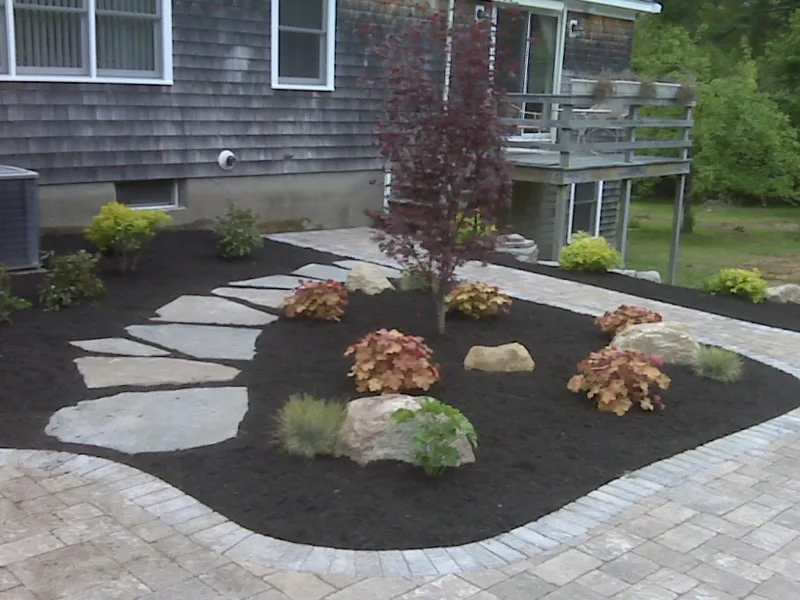 Landscape bed with mulch, stone path, and ornamental plantings